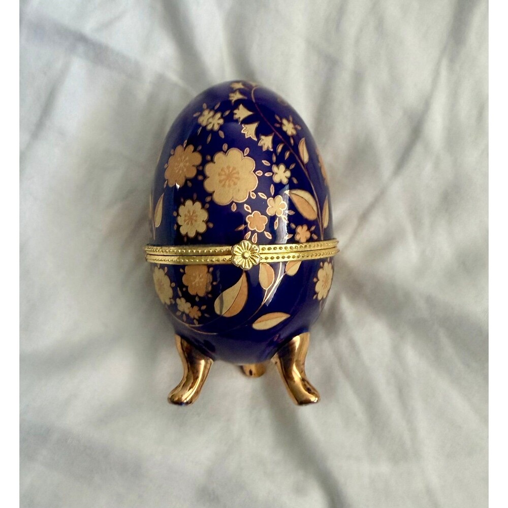 Vintage cobalt blue porcelain egg-shaped trinket jewelry box. 4 inch height